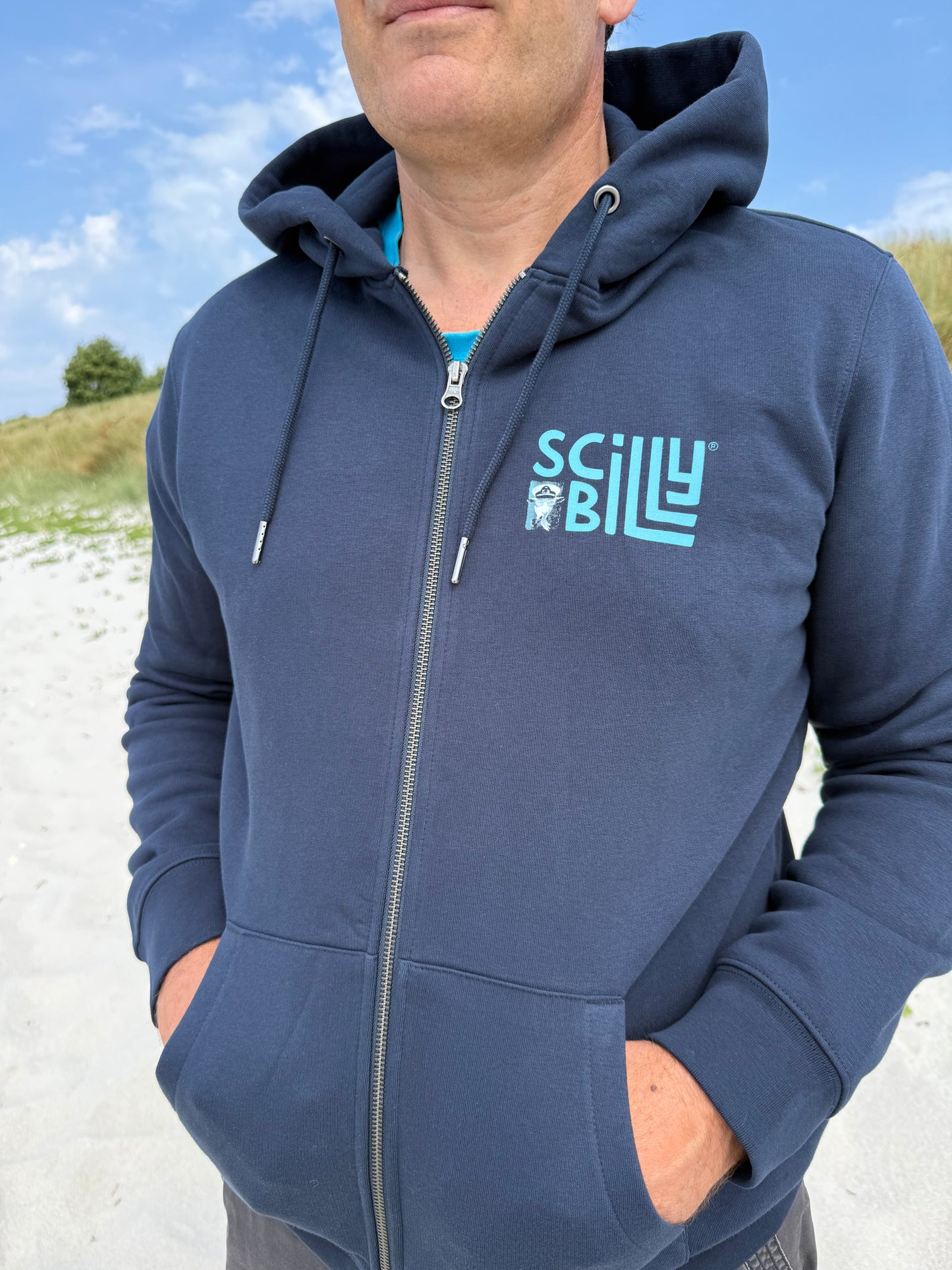 Full Zip Scilly Billy Logo Organic Hoodie - Navy