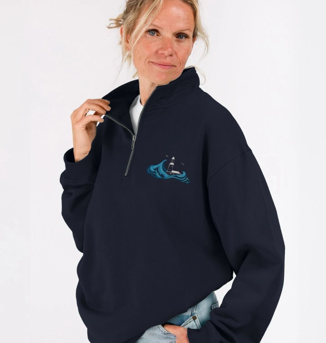Quarter Zip Unisex Sweater - Round Island Lighthouse