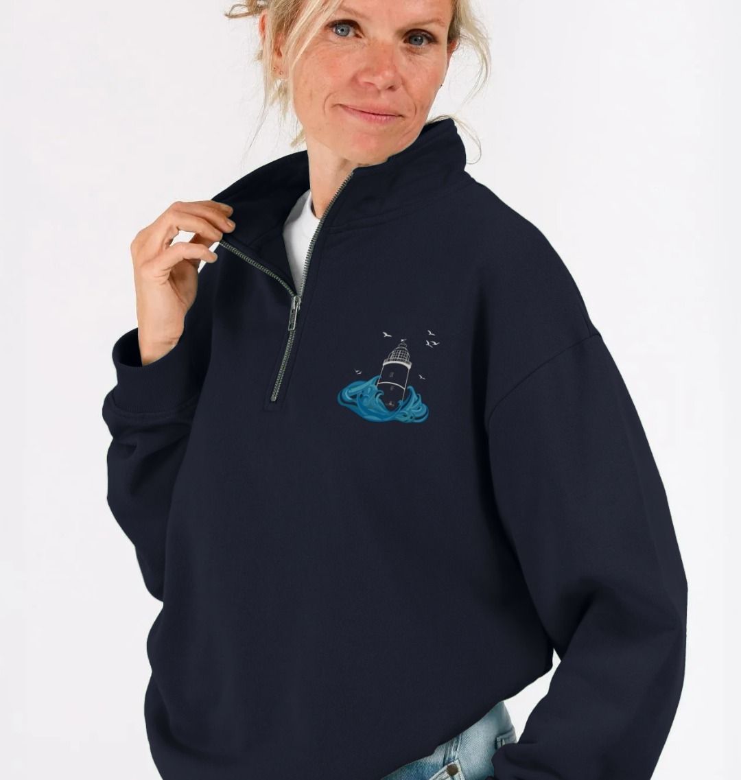 Quarter Zip Unisex Sweater - St Agnes Lighthouse
