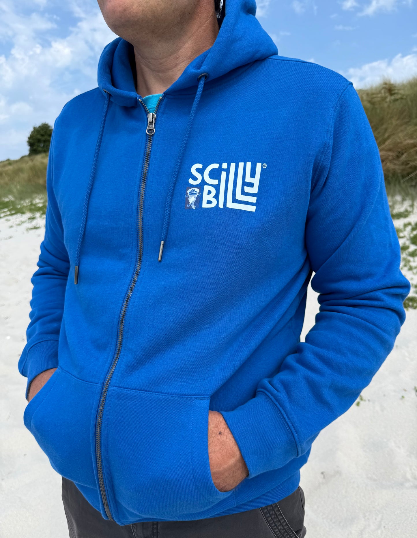 Full Zip Scilly Billy Logo Organic Hoodie - Sea Blue