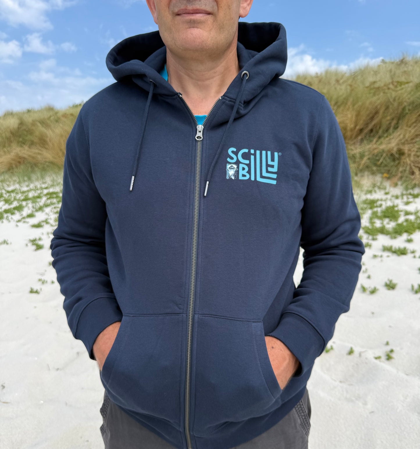 Full Zip Scilly Billy Logo Organic Hoodie - Navy