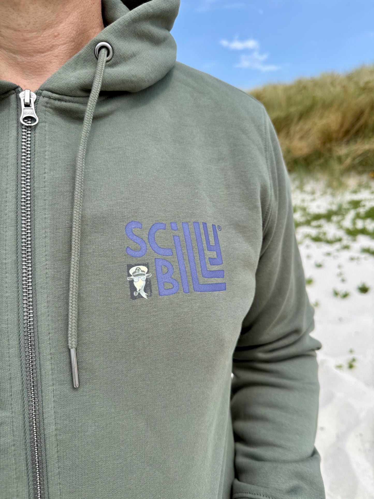 Full Zip Scilly Billy Logo Organic Hoodie - Khaki
